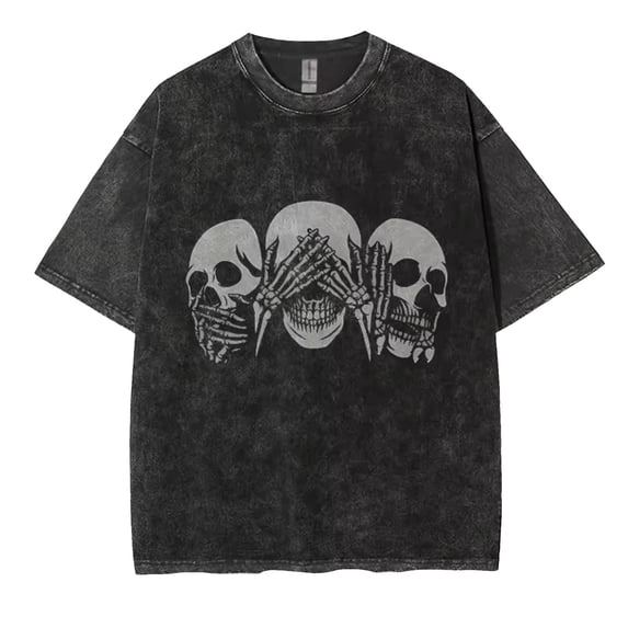 Distressed Skull Print Washed T-Shirt Retro Street Style Loose Fit Summer Couple Unisex Casual Tee Y2K Hip Hop Style