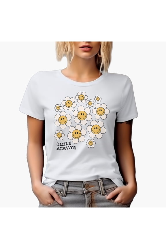 Distressed Smile Always - 90s Retro Smiling Flowers Art Merch Gift, White T-Shirt, Small