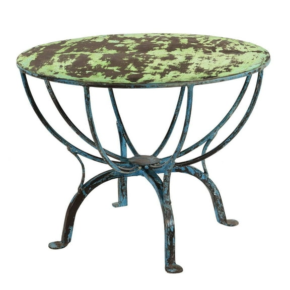 Distressed Solid Wood 18 Inch Tall End Table | Handcarved Round Table With Wrought Iron Base | Outdoor Farmhouse End Table