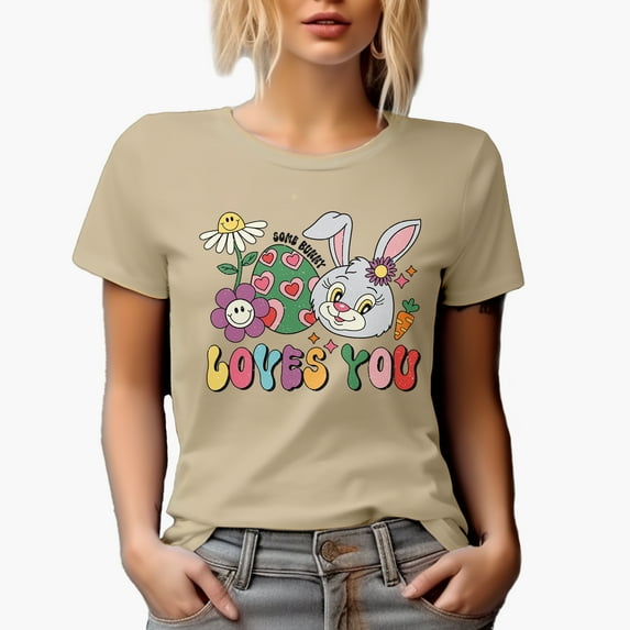 Distressed Some Bunny Loves You - Egg & Rabbit, Easter Day or Sunday Favor, Souvenir or Merch Gift, Tan T-Shirt, Medium