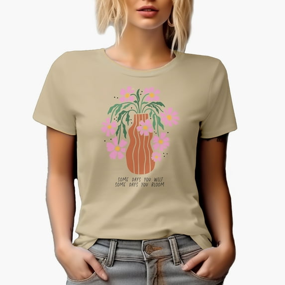 Distressed Some Days You Wilt, Some Days You Bloom - Botanical Boho Flowers & Vase Art Merch Gift, Tan T-Shirt, Large