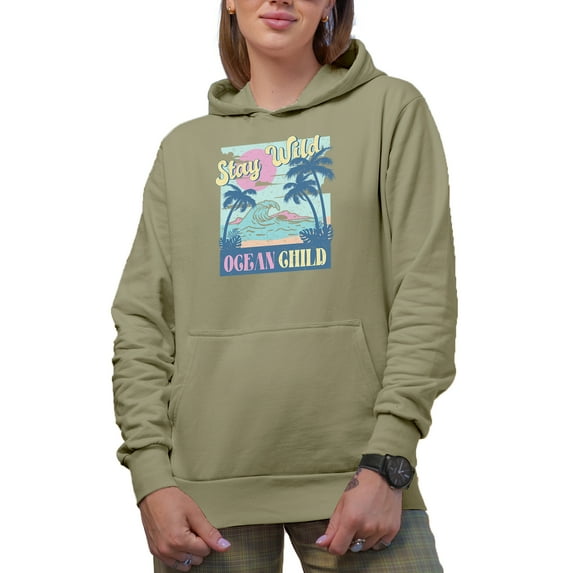Stay Wild, Ocean Child with Retro Palm Trees & Sea Art Merch Gift, Sand Hooded Sweatshirt or Hoodie, XL