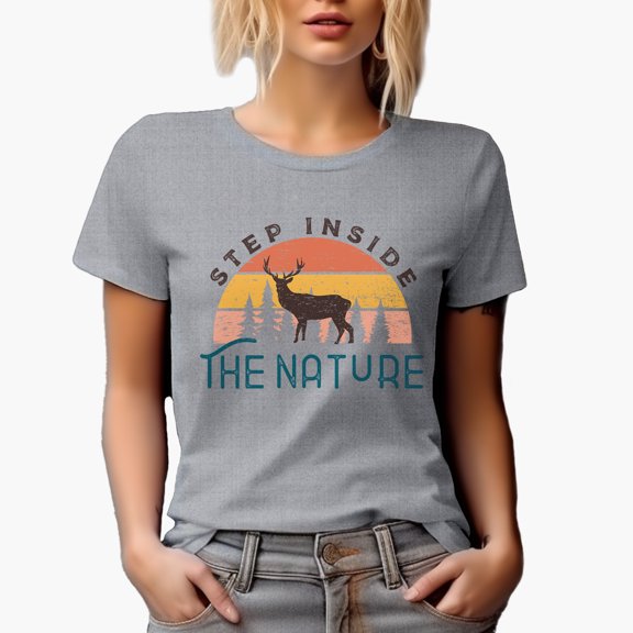 Distressed Step Inside the Nature - Retro Deer Art Adventure Themed Merch Gift, Heather Grey T-Shirt, Small