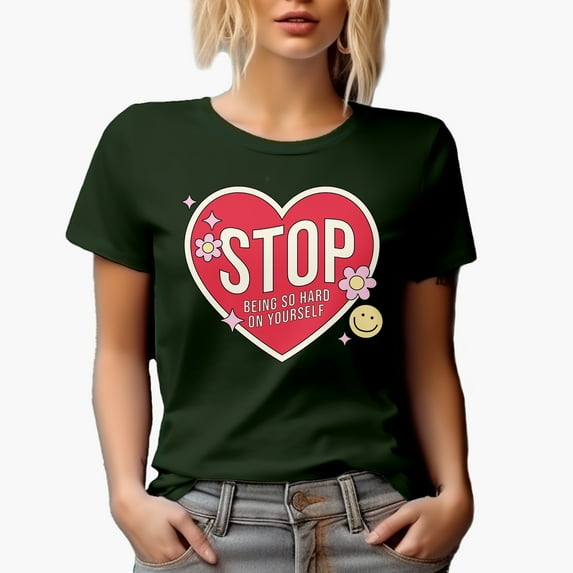Distressed Stop Being Hard on Yourself Quote, Retro Self Love Gift, Military Green T-Shirt, Large