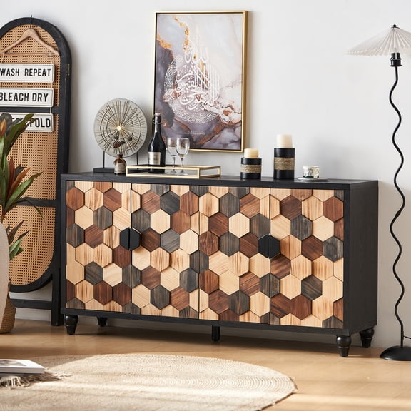 Distressed Storage Cabinet with Honeycomb Pattern, Modern Accent Cabinet with Doors for Entryway Buffet Sideboard Living Room Sideboard