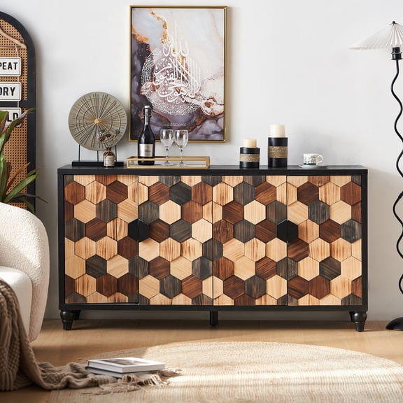 Distressed Storage Cabinet with Honeycomb Pattern, Modern Accent Cabinet with Doors for Entryway Buffet Sideboard Living Room Sideboard