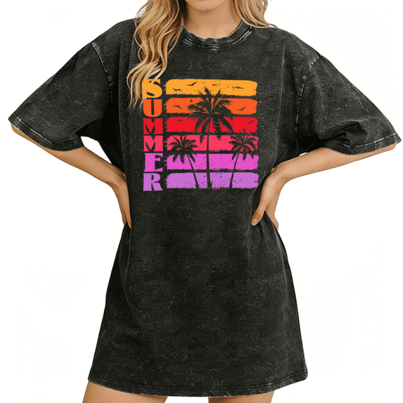 Tropical Summer Vibes Palm Tree Beach Womens Washed Black T-Shirt S-2XL Tops