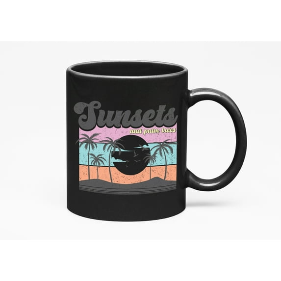 Distressed Sunsets and Palm Trees, Summer or Beach Art Gift, Black 11oz Ceramic Mug