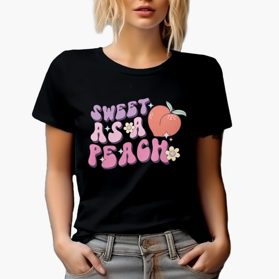 Distressed Sweet as a Peach, Retro Groovy Wavy Text Art, Valentine's Day Merch Gift, Black T-Shirt, Medium