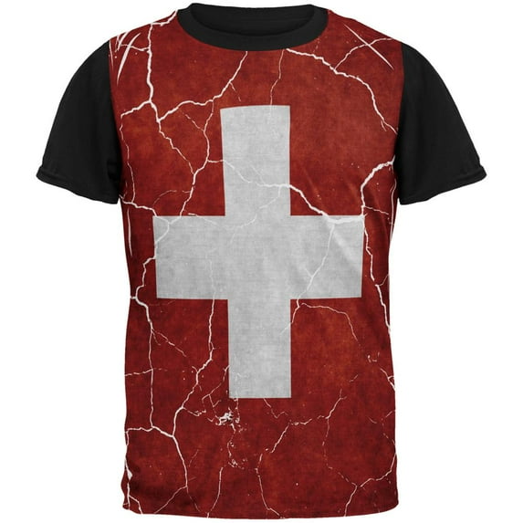 Distressed Swiss Flag All Over Mens Black Back T Shirt Multi X-LG