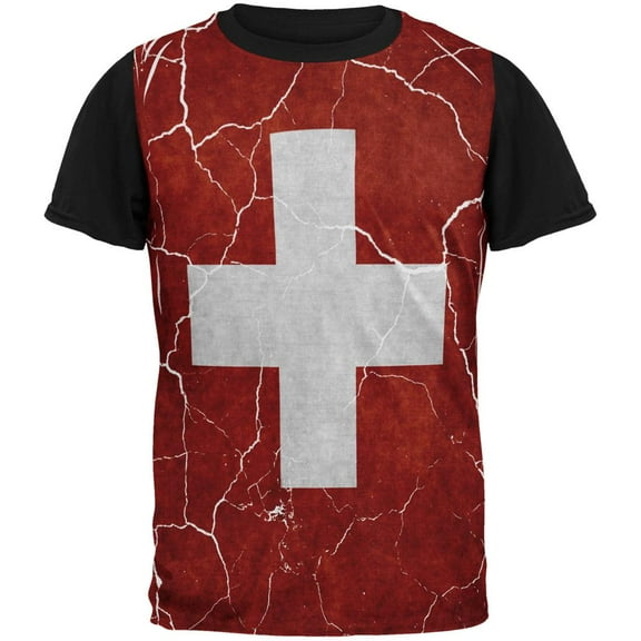 Distressed Swiss Flag All Over Mens Black Back T Shirt
