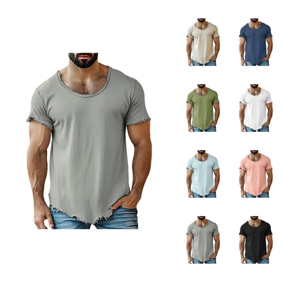 Distressed T Shirts for Man Summer Casual Short Sleeve Crewneck Raw Hem Relaxed Fit Plain Cool Tshirts