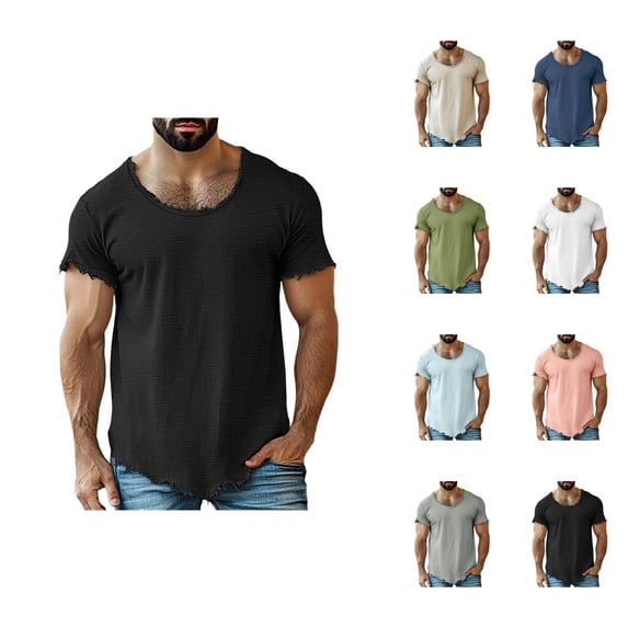 Distressed T Shirts for Man Summer Casual Short Sleeve Crewneck Raw Hem Relaxed Fit Plain Cool Tshirts