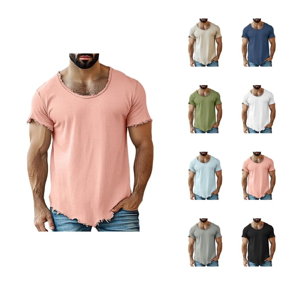 Distressed T Shirts for Man Summer Casual Short Sleeve Crewneck Raw Hem Relaxed Fit Plain Cool Tshirts
