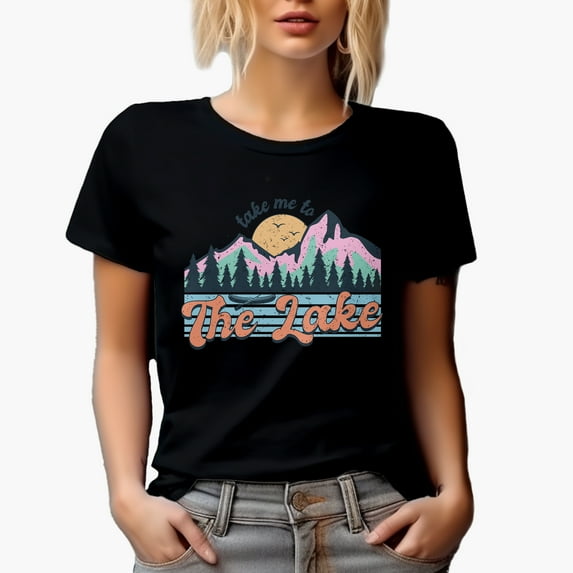 Distressed Take Me to the Lake with Mountain Art, Black T-Shirt, Medium