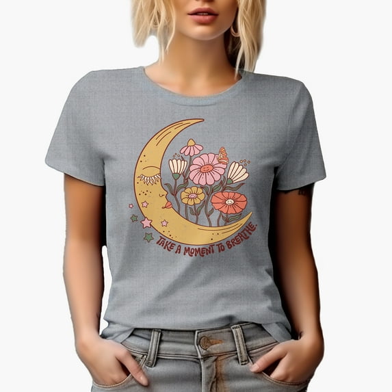 Distressed Take a Moment to Breathe - Boho Moon & Flowers Art Merch Gift, Heather Grey T-Shirt, Large