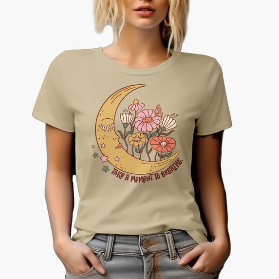 Distressed Take a Moment to Breathe - Boho Moon & Flowers Art Merch Gift, Tan T-Shirt, Large