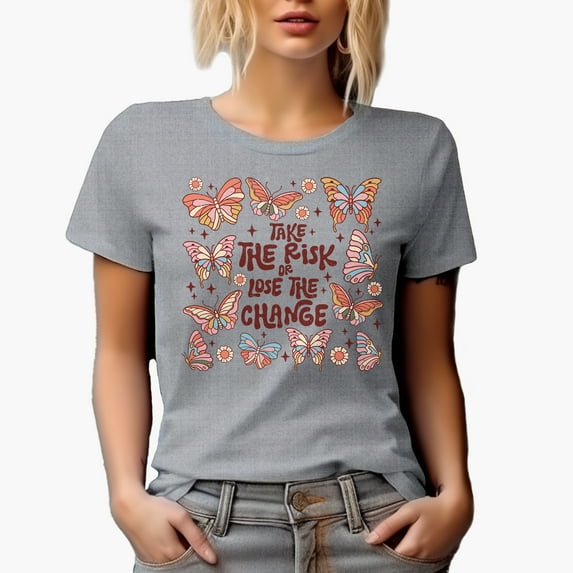 Distressed Take the Risk or Lose the Change - Retro Butterfly Art Merch Gift, Heather Grey T-Shirt, Large