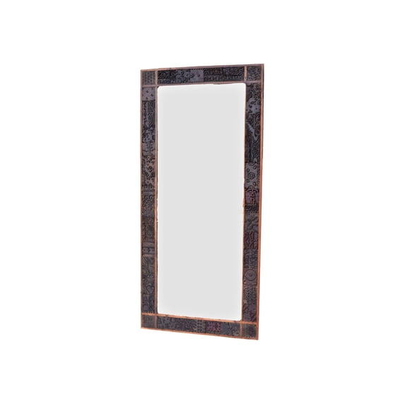 Distressed Tall Decorative Wall Mirror | Hand Carved Stamp Floor Mirror | Entryway Living Room Mirror | Farmhouse Style Unique Mirror