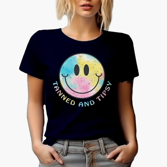 Distressed Tanned and Tipsy, 90s Retro & Tie Dye Art Summer Merch Gift, Navy Blue T-Shirt, Large