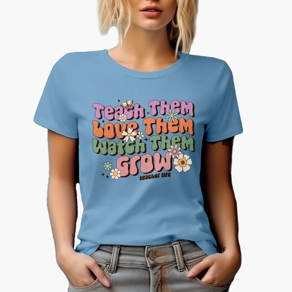 Distressed Teach, Love, Watch Them Grow, Teacher Life - Retro Groovy Wavy Text Art Merch Gift, Baby Blue T-Shirt, Medium