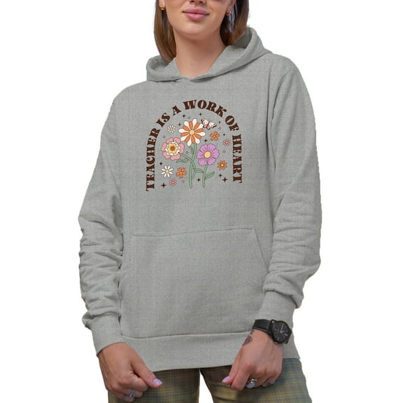 Distressed Teacher Is a Work of Heart - Retro Butterfly & Flowers Art Merch Gift, Heather Grey Hooded Sweatshirt or Hoodie, Large