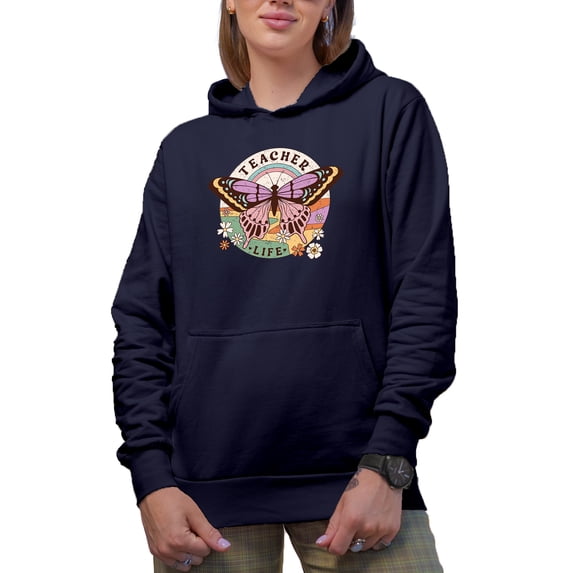 Distressed Teacher Life, Retro Butterfly Art, Teaching Merch Gift, Navy Blue Hooded Sweatshirt or Hoodie, XL