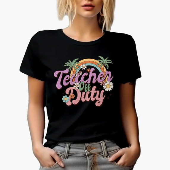 Distressed Teacher Off Duty, Retro Vacation or Summer Art Merch Gift, Black T-Shirt, Large