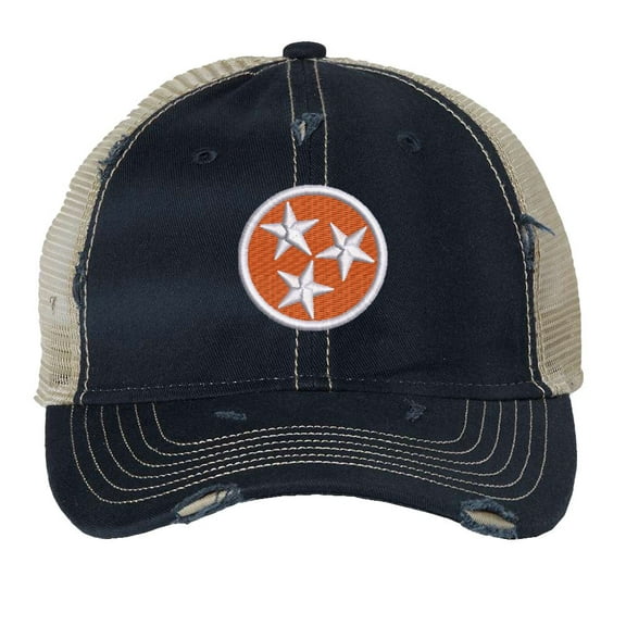 Distressed Tennessee Orange Trucker Hat – Embroidered State Flag with Tri-Star, Patriotic Mesh Strapback Cap (NavyBlue)