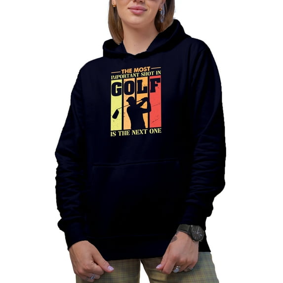 Distressed The Most Important Shot in Golf Sayings with a Golf Player, Golfing or Golfer Themed Merch Gift, Navy Blue Hooded Sweatshirt or Hoodie, Large