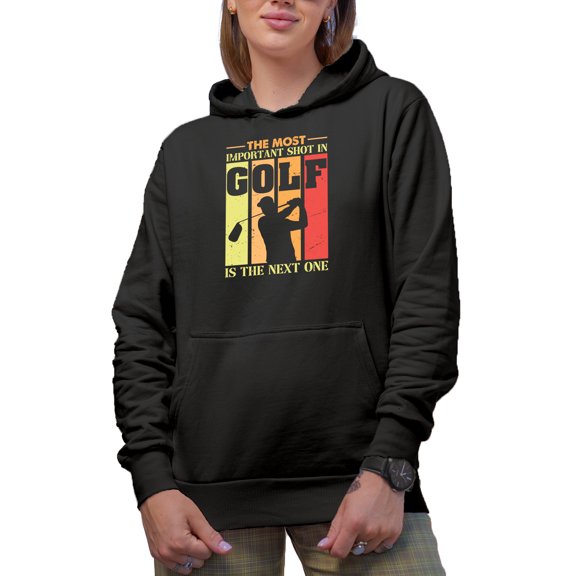 Distressed The Most Important Shot in Golf Sayings with a Golf Player, Golfing or Golfer Themed Merch Gift, Black Hooded Sweatshirt or Hoodie, Medium