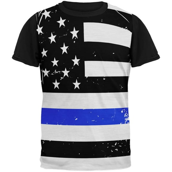 Distressed Thin Blue Line American Flag All Over Mens Black Back T Shirt Multi MD