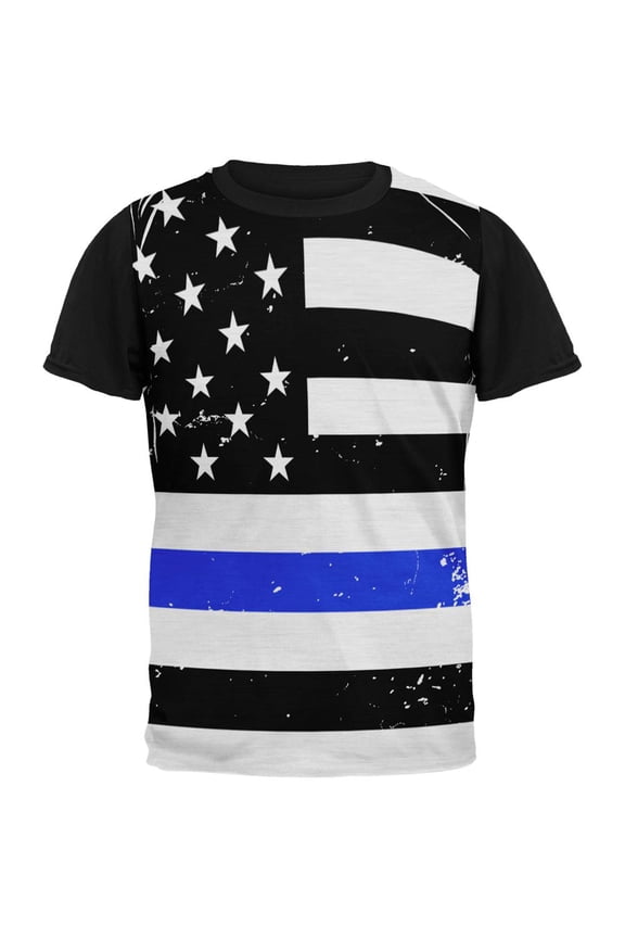 Distressed Thin Blue Line American Flag All Over Mens Black Back T Shirt Multi MD