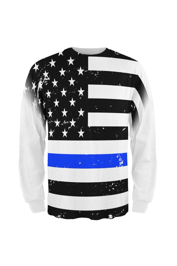 Distressed Thin Blue Line American Flag All Over Mens Long Sleeve T Shirt Multi MD