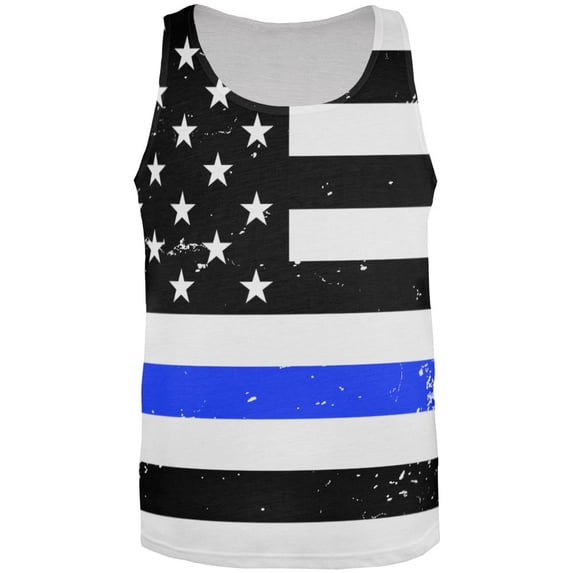 Distressed Thin Blue Line American Flag All Over Mens Tank Top Multi 3X-LG