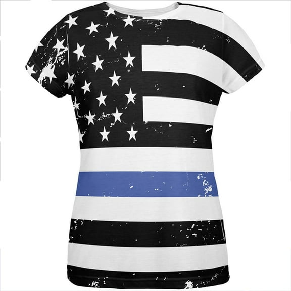 Distressed Thin Blue Line American Flag All Over Womens T Shirt Multi LG