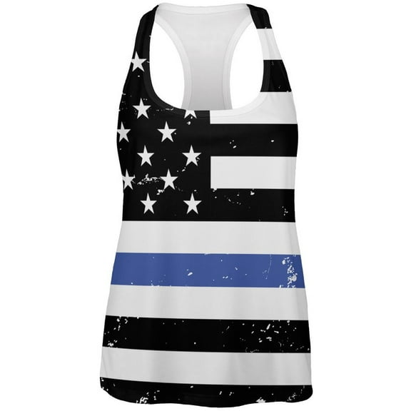 Distressed Thin Blue Line American Flag All Over Womens Work Out Tank Top Multi 2XL