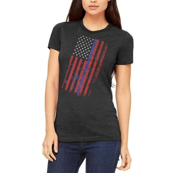 Distressed Thin Blue Line American Flag Juniors Soft T Shirt Heather Black SM