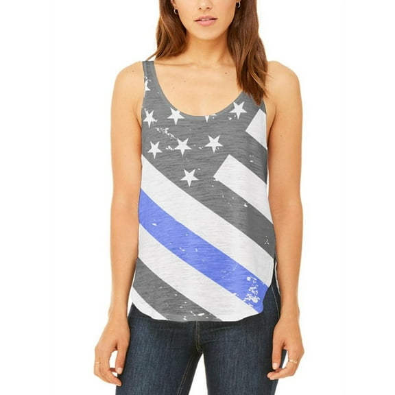 Distressed Thin Blue Line American Flag Vintage Juniors Flowy Side Slit Tank Top Multi MD