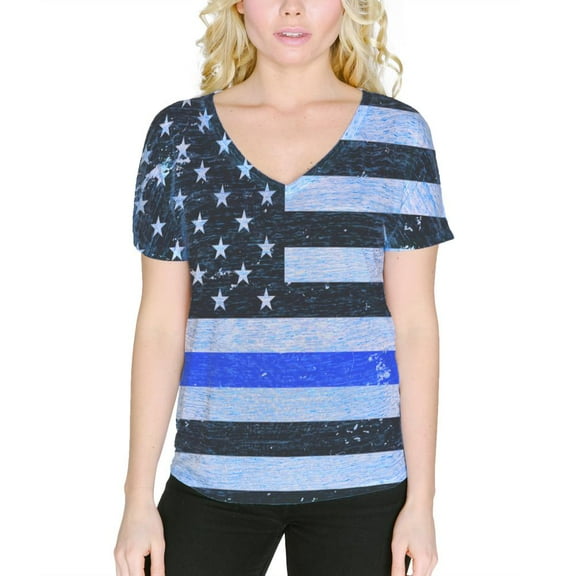 Distressed Thin Blue Line American Flag Women's Slouchy V-Neck T Shirt Blue Marble MD