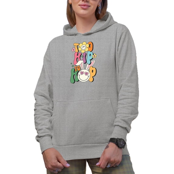 Too Hip to Hop, Retro Easter Sunday Bunny Art Favor, Souvenir or Merch Gift, Heather Grey Hooded Sweatshirt or Hoodie, XL