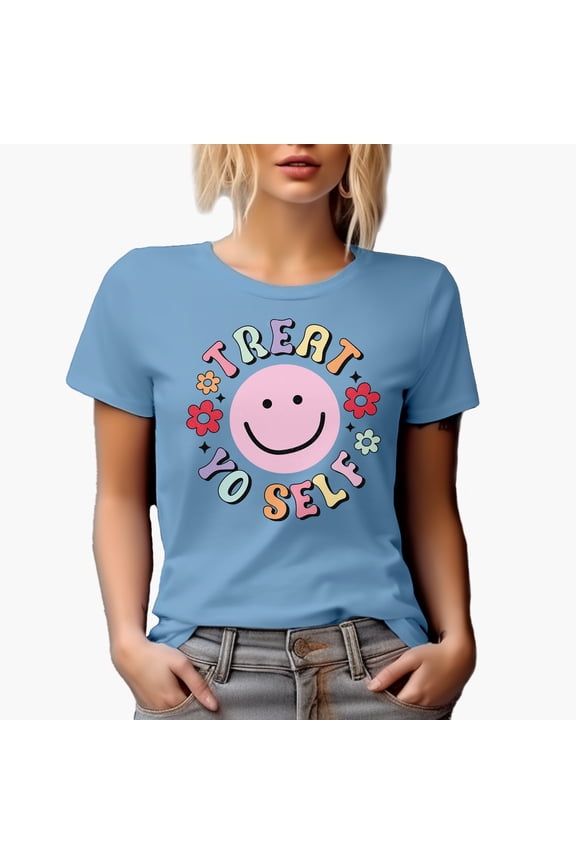 Distressed Treat Yo Self - Happy or Smiling Face and Flowers Art Merch Gift, Baby Blue T-Shirt, 3XL