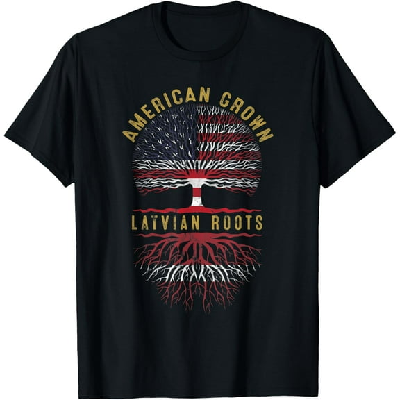 Distressed Tree USA Flag American Grown Latvian Roots T-ShirtMen's and women's gift, black and white T-shirt, size: Extra large S-4XL