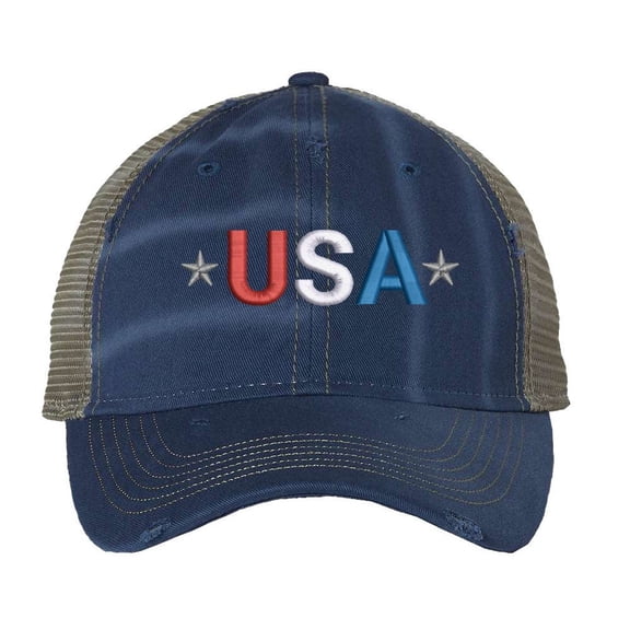 USA Trucker Cap - Distressed Red White Blue Embroidery - Vintage Patriotic Strapback Hat (RoyalBlue)