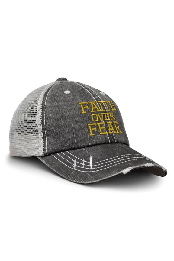 Distressed Trucker Hat Faith Over Fear Embroidery for Men & Women Black Gray