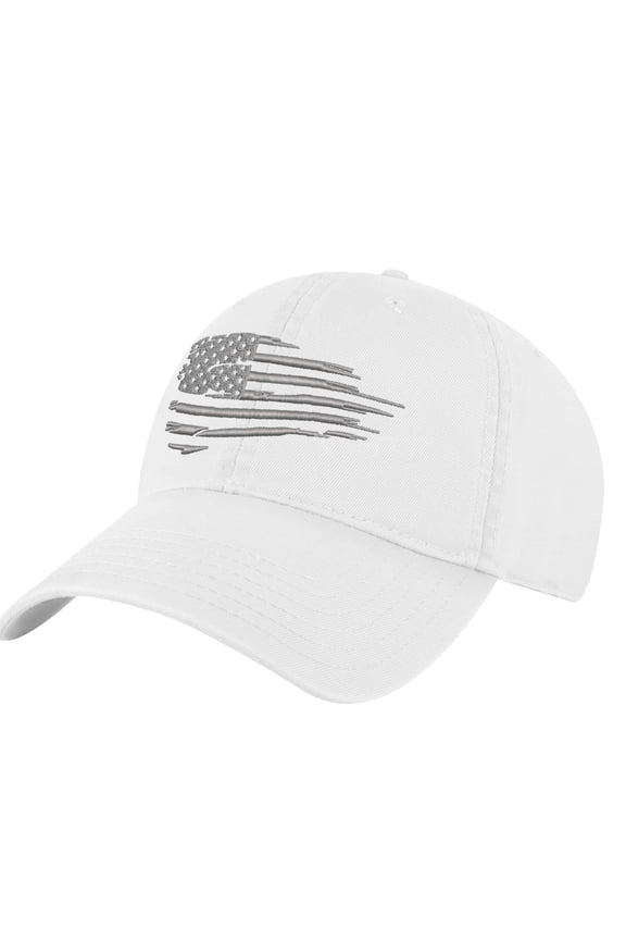 Distressed Silver American Flag Hat – Patriotic Embroidered Dad Cap (White)