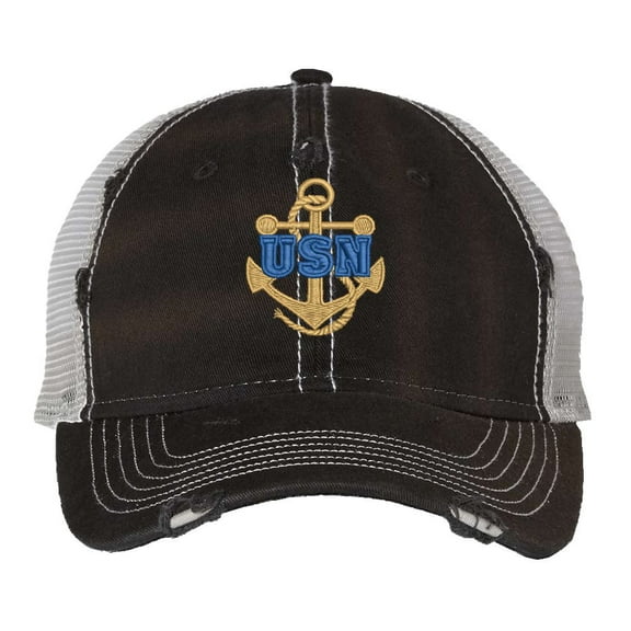 Navy Veteran Cap Distressed - Military Trucker Hat Vintage Anchor - US Navy Veteran Ball Caps (Black)