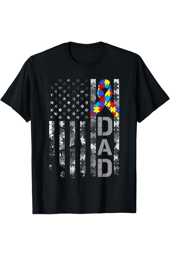 Distressed USA Flag Dad Autism Awareness T-Shirt Fathers Day Gift