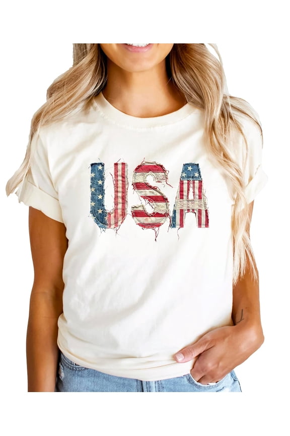 Distressed USA Flag Shirt for Women Girls Kids Vintage Patriotic 4th of July Family Matching Tee Natural Shirt Adult X-Large