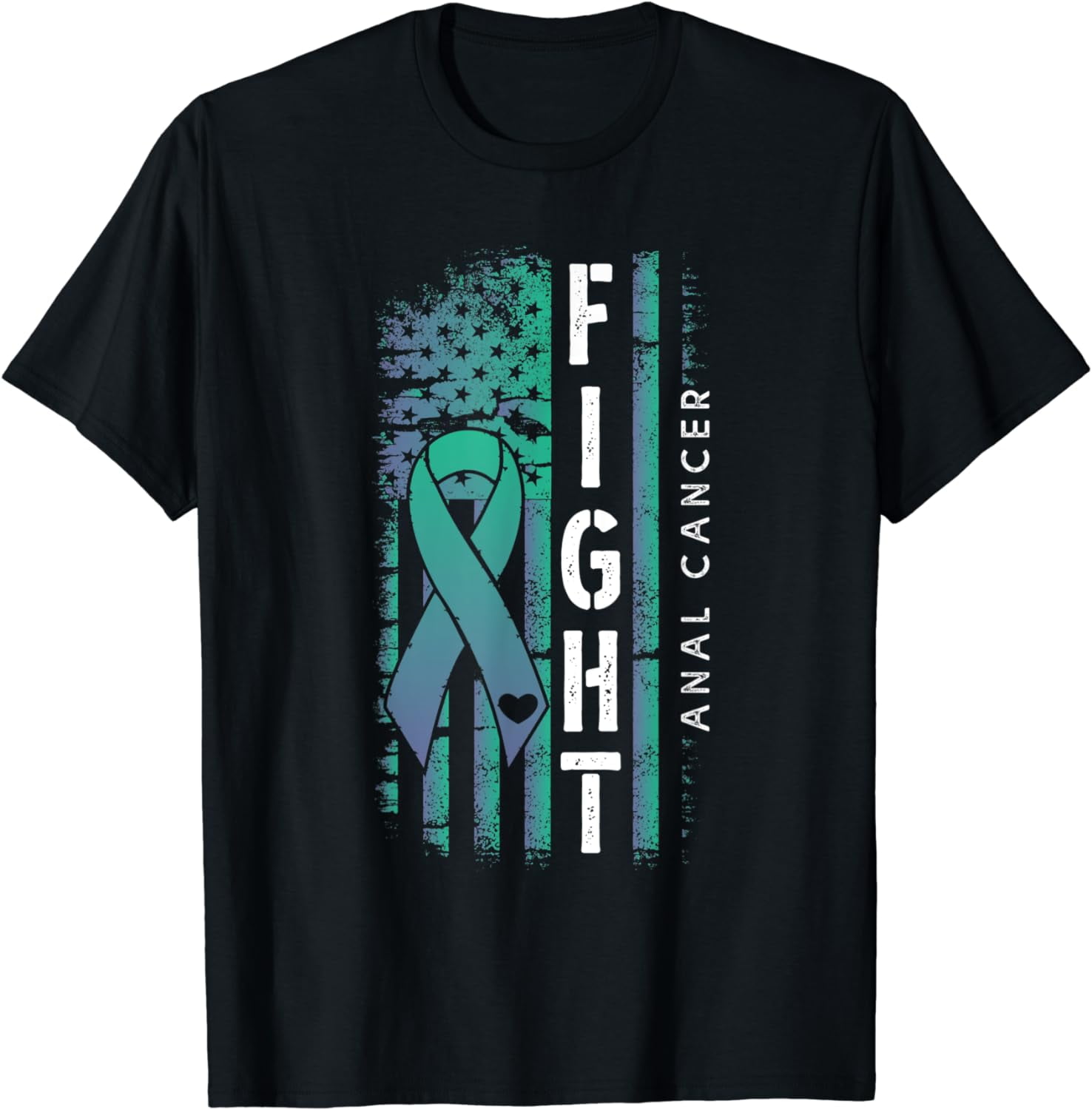 Distressed USA Flag Teal & Purple Ribbon Fight Anal Cancer T-Shirt ...
